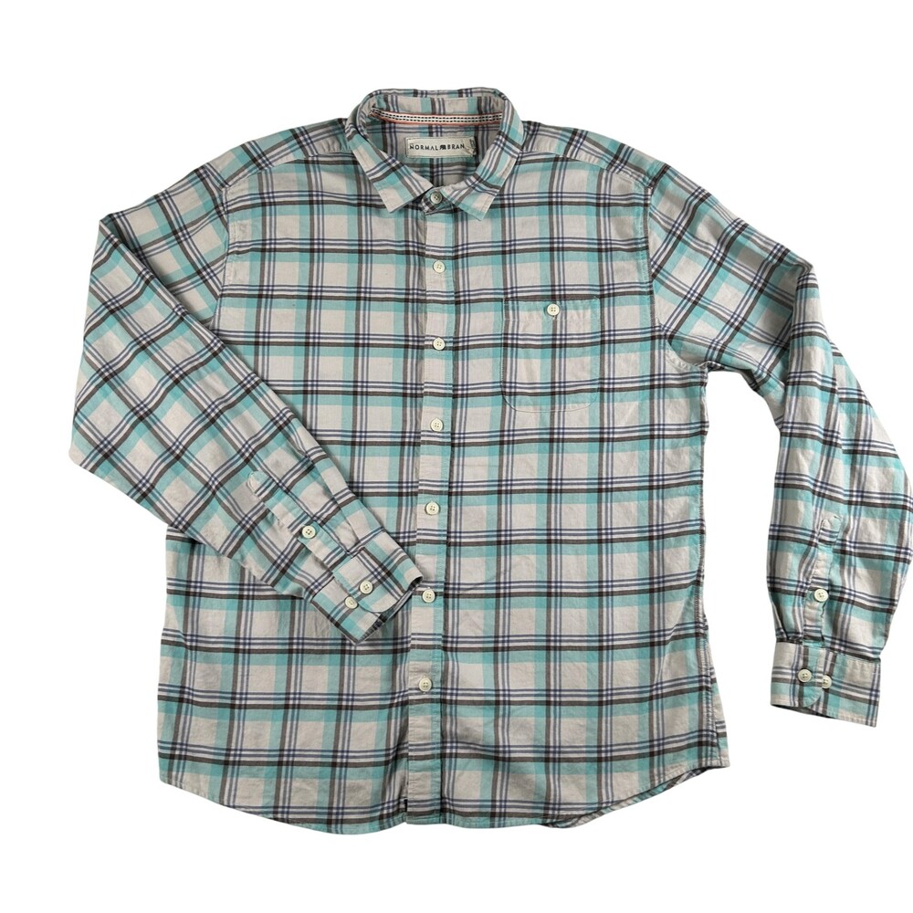 Normal Brand Shirt Mens XL Teal Plaid Button Front Long Sleeve Cotton Casual
